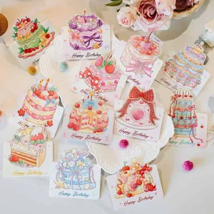 Aquarel 3D Happy Birthday Wenskaarten Creatief Taart Ontwerp Zegen Bericht Kaarten Voor Feest Bloemist Cadeau Kleine Kaarten
