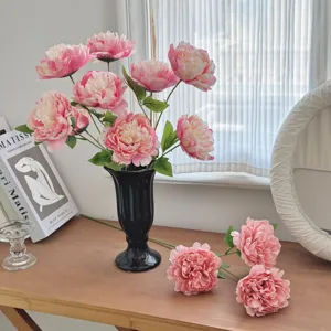 Realistic 3-head pink artificial peony silk flowers for home decor and wedding setting