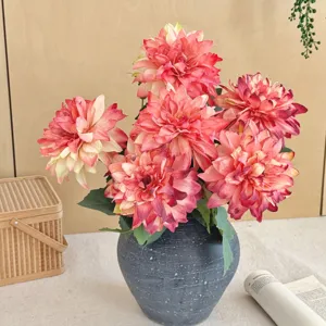 Artificial dahlia arrangement with vintage burnt-edge petals in a ceramic vase