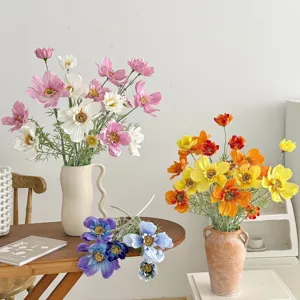 Lifelike 4-head artificial Cosmos flowers in elegant ceramic vases for stylish home decor