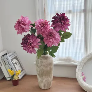 Elegant retro burnt-edge artificial Dahlia flower arrangement in a tall ceramic textured vase