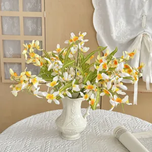 Realistic Artificial Cymbidium Orchid Flowers Silk Polyester Long Stem Fake Floral Branch For Home Wedding Tabletop Decor Photography Props
