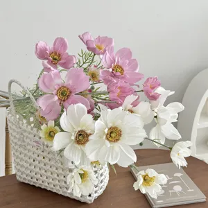 Realistic 4-head artificial pink and white Cosmos flowers arranged in a white woven basket