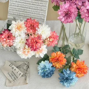 Vintage artificial dahlia flowers with scorched edges for home and hotel decor stems