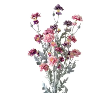 Artificial flocked camellia bouquet with pink and purple flowers for home decor