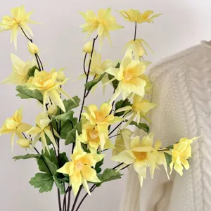 Realistic yellow artificial Aquilegia flowers for elegant home and wedding table decor.