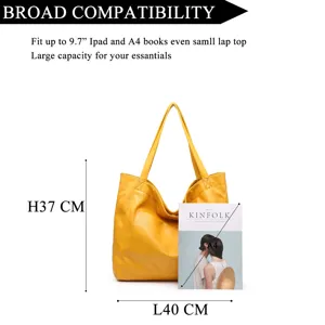 Bolso tote amarillo vintage de cuero encerado con tamaño A4 y dimensiones H37cm L40cm