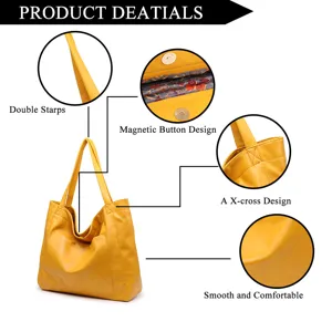 Detalle del bolso tote de cuero amarillo con cierre magnético y asas de transporte dobles