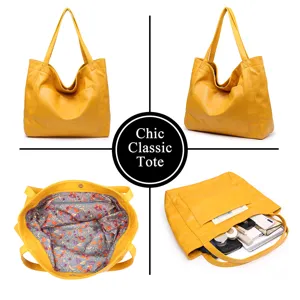 Vistas detalladas de un bolso tote grande de cuero amarillo con forro floral y espacio.