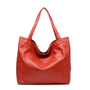 Vista detallada de bolso tote rojo grande vintage con diseño de bolsillo frontal