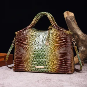 Bolso vintage para mujer con relieve de cocodrilo 3D y degradado verde-marrón.