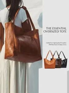 Bolso Tote Grande para Mujer Vintage de Cuero PU Encerado Bolso de Hombro Suave de Gran Capacidad Con Bolsillo Delantero Retro