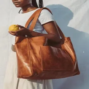 Bolso tote premium de cuero encerado marrón estilo vintage con bolsillo grande mujer