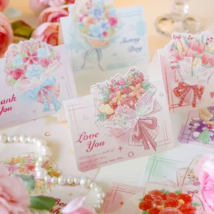Beautiful 3D floral bouquet pop-up greeting cards with romantic messages for gift giving.