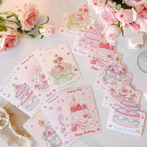 Set of cute 3D birthday greeting cards with colorful cake designs and pink roses