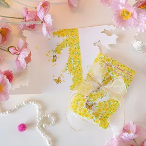 Elegant floral thank you card with yellow flower pattern and gold organza ribbon bow.