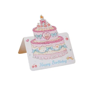 Cute 3D birthday greeting card featuring pink cake illustration and Happy Birthday