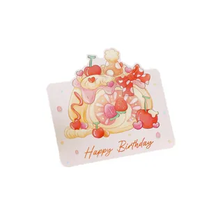 Aquarel verjaardagskaart met schattige taart illustratie en Happy Birthday tekst.