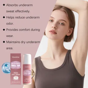 Desodorante roll-on de lavanda VIARELINE con modelo mostrando absorción efectiva de sudor