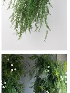 Detailed macro view and scenery setup of artificial green asparagus fern plant decor