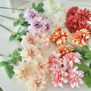 62cm 4-Head Dahlia Artificial Flower Silk Cloth Faux Floral Stem For Wedding Party Home Office Decor Photography Props