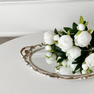 Elegant white faux peony silk flowers for home decor displayed on a mirror tray