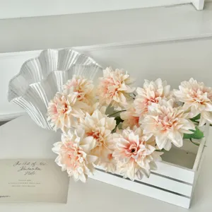 Elegant champagne 4-head artificial dahlia silk flowers in white wooden box for home decor