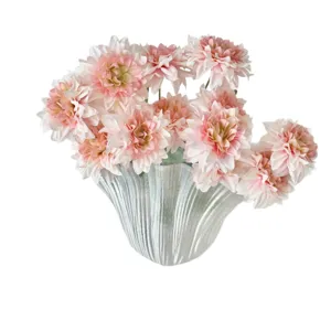 Elegant pink and cream artificial dahlia bouquet in a silver textured vase for home decor