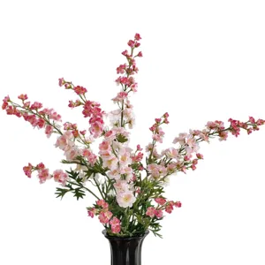 Elegant 3-branch artificial pink and white Larkspur flowers in a black vase