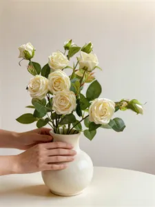 Detailansicht realistischer weißer 6-Kopf-Kunstrosen in einer minimalistischen Keramikvase