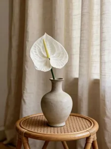 Elegant large white EVA artificial anthurium flower in a rustic ceramic vase