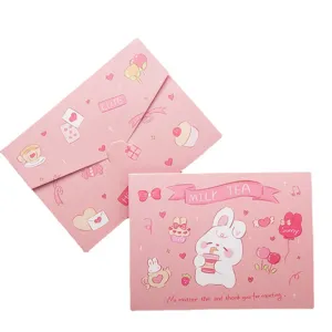 Cute pink cartoon rabbit greeting card and envelope set for lovely birthday messages