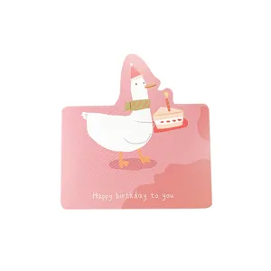 Cute cartoon duck birthday greeting card with soft pink background and cake illustration