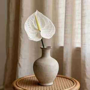 Realistic white EVA Anthurium artificial flower in ceramic vase for home decor