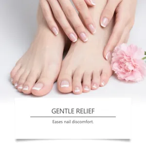 Macro detail of healthy manicured nails on hands and feet showing gentle relief effect.