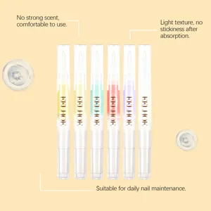 Detail of 6-color EELHOE nail care pens with clear liquid texture on yellow background