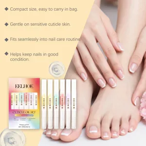 Close-up of nail cuticle oil pens showing different scents and use on healthy manicured nails