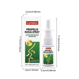 Vista dettagliata dello spray nasale alla propoli Laniska con dimensioni, scatola.