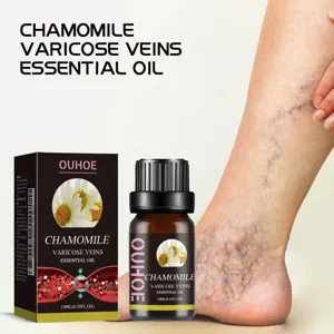 Chamomile essential oil for varicose veins shown with a detailed leg treatment view.