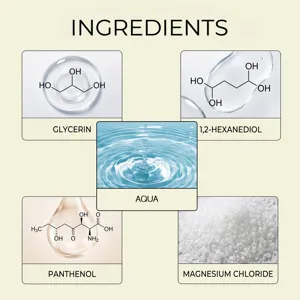 Infografica dettagliata dei principi attivi per spray al magnesio per la cura del corpo, delicata.