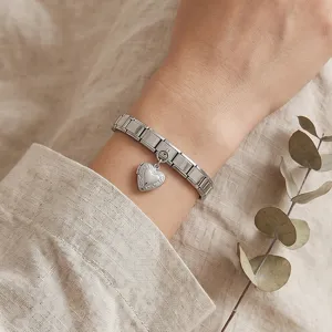Roestvrijstalen modulair bedelarmband met openend hart medaillon voor gepersonaliseerde DIY stijl.