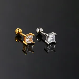 Detailed view of square zircon stud earrings with screw-on ball backs in gold and silver