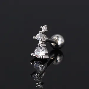 Silver-tone stud earring with triple-stacked round cubic zirconia and screw-back ball