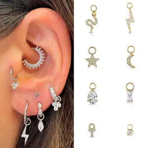 Colgante Pequeño de Latón y Circonia para Piercing Mujer Estrella Luna Rayo Serpiente Colgante para Pendientes Joyería DIY