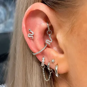 Detalle de primer plano de un conjunto de joyas de piercing plateadas con dijes de serpiente