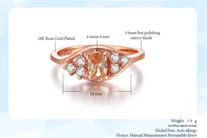 Elegante anillo de compromiso de oro rosa 18K con piedra ovalada amarilla y zircones.