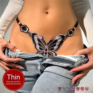 Tanga de mujer de tiro bajo con bordado de mariposa y anillos ajustables estilo sexy.