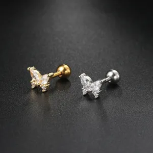 Detailed view of butterfly-shaped cartilage earrings with sparkling CZ inlay and screw backs