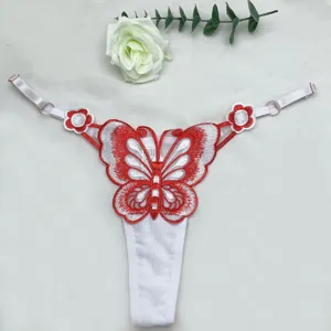 Mujer sexy bordado de mariposa talle bajo tanga transparente con tirantes ajustables.