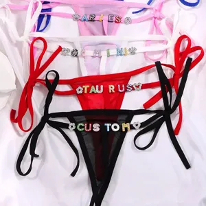 Sexy tanga de mujer pedrería letras encaje transparente ropa interior muy seductora